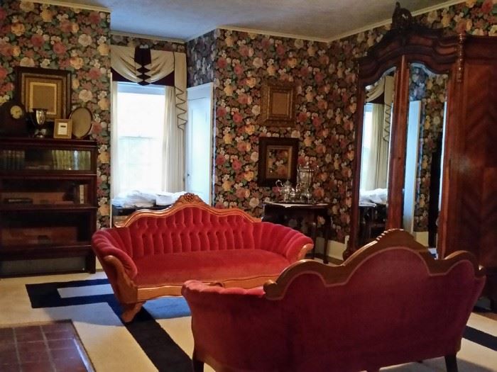 Two Victorian sofas and other antiques