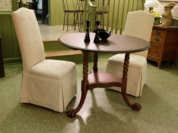 Custom slip covered parsons chairs and round table with barley twist legs