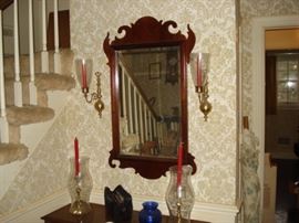 Mahogany mirror, hurricane candle sticks