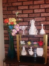 Fenton Tall Blue Ribbed Vase, Fenton Silvercrest Bell, Hobnail Milk Glass, Capodimonte Roses