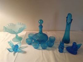 Blue Fenton Birds, Vase, Blue Diamond Decanter & Glass Set
