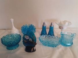 Blue Fenton Hand Painted Butterfly, Coin & Dot Glass, White Fenton Opalescent Ruffled Edge Dish