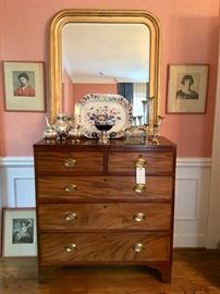 Mahogany chest and Louis Phillipe style mirror, Imari platter, sterling silver teaser, silver plate epergne