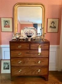 Mahogany chest and Louis Phillipe style mirror, Imari platter, sterling silver teaser, silver plate epergne 