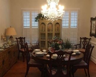 Dining Room Table with leaves , 8 Chairs, Crystal Chandelier , Sideboard, China Cabinet, Fine China,Lamps,Crystal.