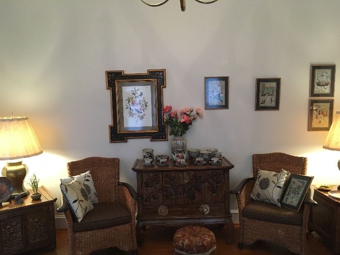 Asian Chest, Ottoman, Wicker Chairs, Lamps, Framed Prints.