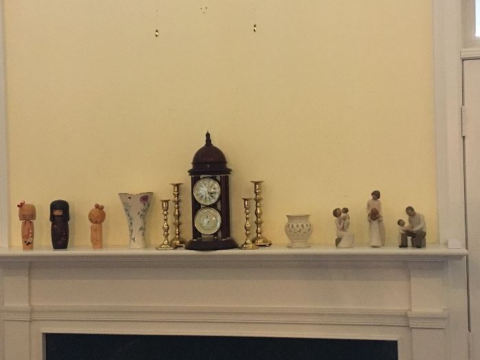 Willow Tree , Wooden Dolls, Wedgewood, Brass Candlesticks, Clock.