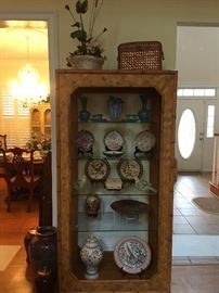 Wicker Display Cabinet, Assorted Glassware & Pottery.