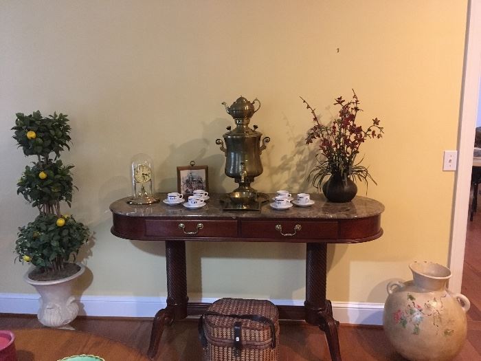 Nice Table with marble top. Coffee Urn, Lemon Tree, Basket.