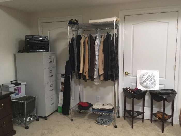 Men's Clothing, Small Tables, Wire Rack, Stereo Equipment.