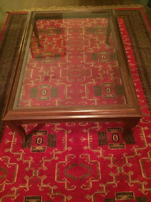 Ethan Ellen glass top coffee table; Indian (Jaipur) Wool Rug
