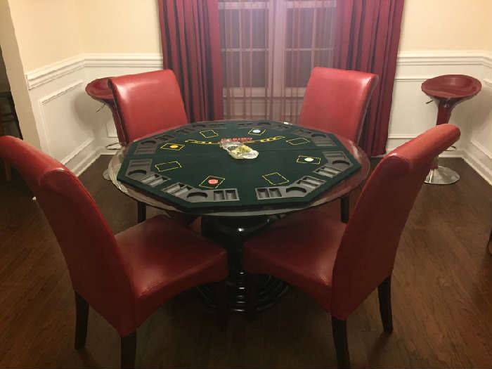 Glass Top Round Dining Room Table with 4 Red Chairs