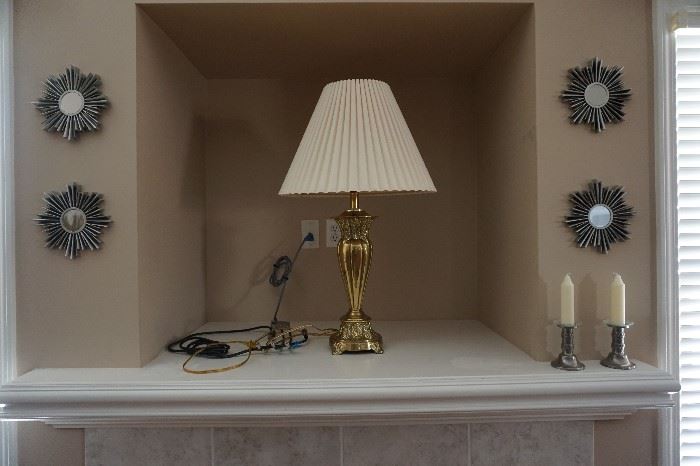 pewter candle sticks, 4 of 5 mirror star bursts, Steiffel lamp