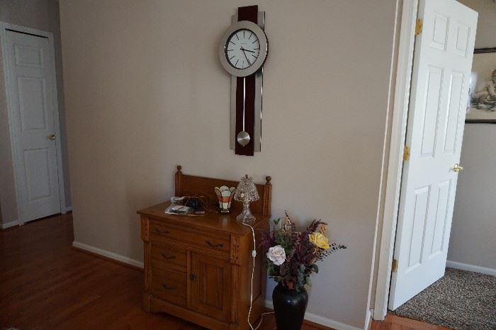 wash stand oak, Howard Miller clock 60's modern, vase w/ flowers