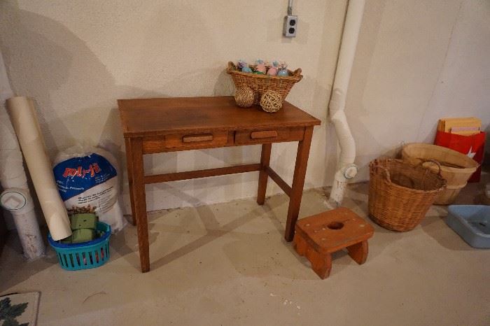 child's oak desk, stool baskets