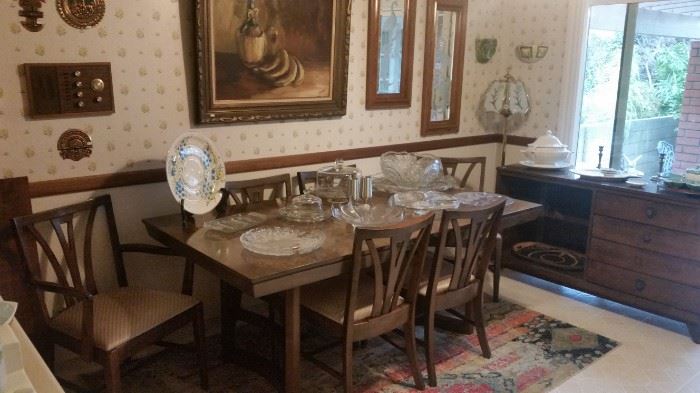 Mid century dining furniture, including dining set, buffet/credenza & china hutch.