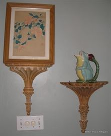 Two Sconces with Woodblock print and Majolica Frog Pitcher