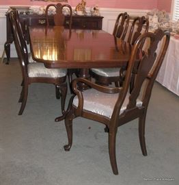 Dining Table with 6 chairs, two extensions, this will go to 12 feet . The Server behind is An Ethan Allen Mahogany Server
