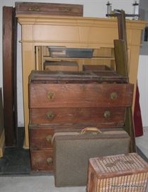 there is a Painted Mantle style Armoire, Antique English Stackable  Campaign Elmwood and Brass  Desk, Hartmann Suitcase and a picnic basket