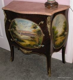 Beautiful Small Bombay Style French Chest, Marble top, and Lake Scene on front and sides