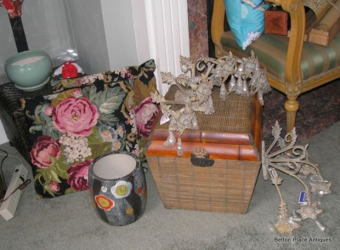 Chandeliers, Asian Deco Pot, Needlepoint Pillows and Asian Bamboo Box