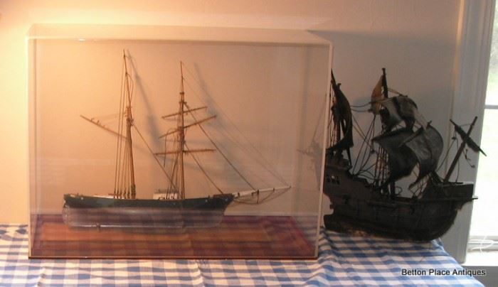 Sailing Ship in Plexiglass Case and Old Galleon