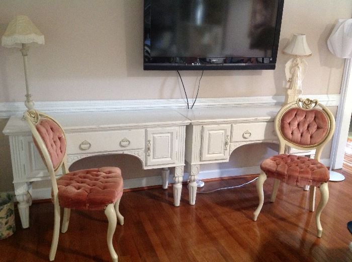 Pair of painted white desks with Victorian style chairs
