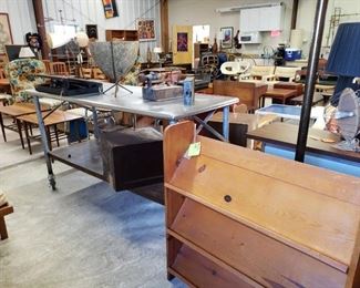 Bassett Surfboard End Tables, Industrial Stainless Steel Table/Cart, Pine Magazine Rack