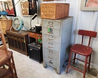 Sears Record Player Console, Vintage File Cabinet, Metal Factory Stool