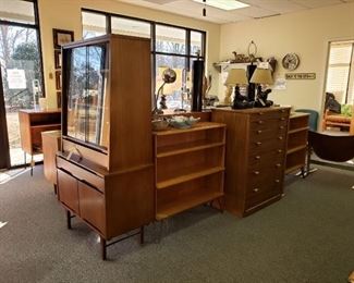 Stanley China Cabinet, Pair of 2 Heywood Wakefield Bookcases, Drexel Chest of Drawers