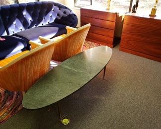 Retro-Style Modern Blue Velvet Sofa, 2 Rosewood Chests, Green Marble Italian Coffee Table