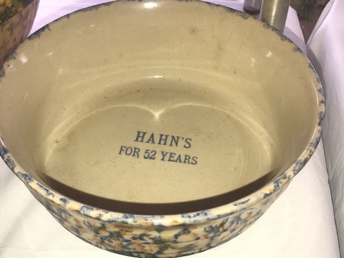 Vintage advertising sponge ware bowl; "Hahn's for 52 Years" (has a chip on the side)