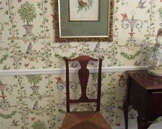 Pair of Gould bird prints in antique frames and early 19th century rush bottom chair