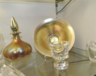 Steuben Aurene Perfume Bottle, Bowl, Cigarette (or toothpick) holders 