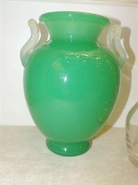 Steuben "JADE" urn / vase with opaque handles  - THIS SITS LEVEL the shelf was a little off and has since been fixed - a GOOD EXAMPLE !