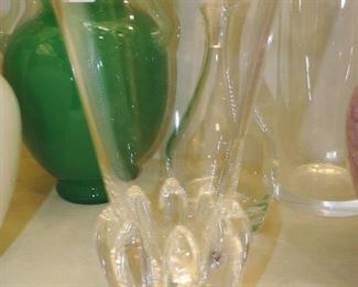 Steuben TALL vase with 8 applied prunts around edge base. 