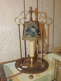 VERY UNIQUE ITEM … Louis Comfort Tiffany Gold Dore Electric Candle Lamp with poured enamel glass and wire shade. Made in the technique of Cloisonné … a VERY UNIQUE PATTERN AND SHAPE ! SIGNED 