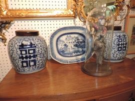More Chinese items including these Canton blue and white antique jars, platter and Temple figure