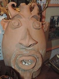 LARGE un-glazed SIGNED Brown's Stoneware Face Jug with horns - unique example.