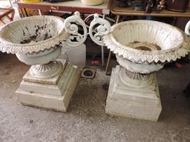 ANTIQUE PAIR of CAST IRON URNS...one set of handles have been re-cast other pair of handles are OLD