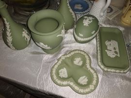 various pieces of green Wedgwood