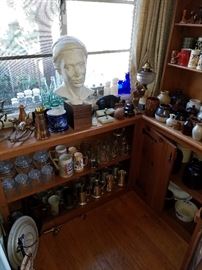 Antique and vintage crocks, steins, tankards, alabaster desk set, oil lamp, water cooler lid, vintage coca cola bottles.