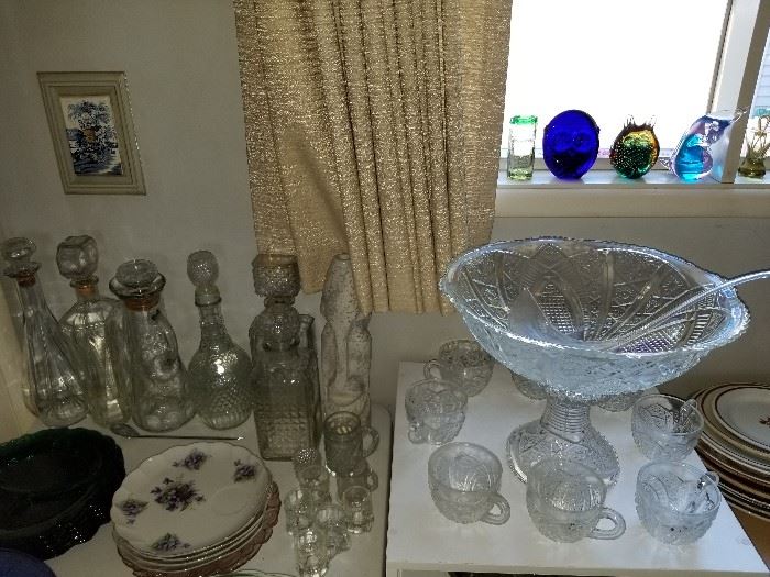 Vintage decanters, luncheon plates, and EAPG pedestal punch bowl set.