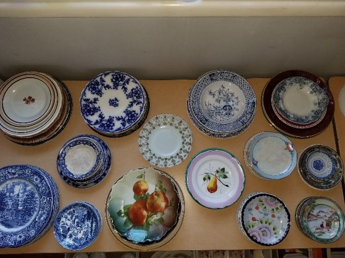Antique flow blue pottery, vintage Nippon, milk glass, etc. Some cabinet pieces.