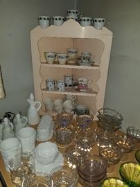 Hobnail and paneled grape milk glass, Depression glass, demitasse tea and coffee cup and saucer sets.
