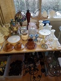 Avon bottles, jars, and Cape Cod pieces. Partylite and vintage milk glass candle holders.