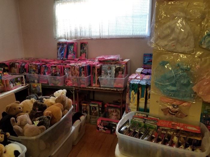 Disney and Barbie fashion dolls, Ty teenie beanies and bears.