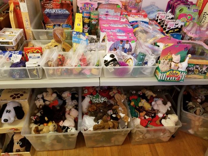Pound puppies, Breyer horses, vintage board games, Ty and other beanies, New Kids on the Block figures, Polly Pocket playsets, etc.