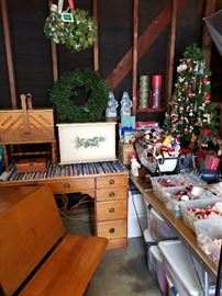 Antique school desk, vintage desks and sewing boxes, Christmas ornaments, lighting, and décor.