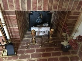 VIRGINIA METALCRAFTERS FIREBACK, ANDIRONS AND FIREPLACE TOOLS - ALL MINT CONDITION